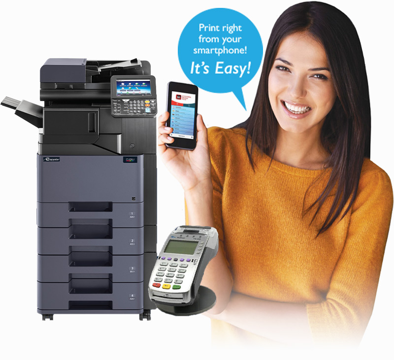 Mini Business Center printer, payment kiosk, and phone