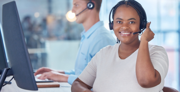 Call center operator with a headset.